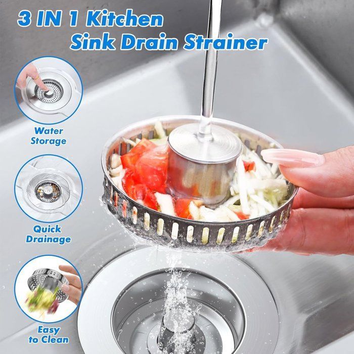 Bonde d'évier 3 en 1 avec panier anti-obstruction - Évier de cuisine - Modèle escamotable - Acier inoxydable - Universelle - Évacuat