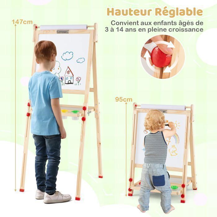 Caballete infantil de doble cara GOPLUS en madera de pino - Altura ajustable en 3 niveles - Caballete 3 en 1 con abundantes accesorios
