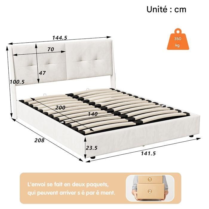 Lit double 140x190 cm - SUNFECILI - Velours Beige - Avec LED - Capacité 300 kg - Montage facile