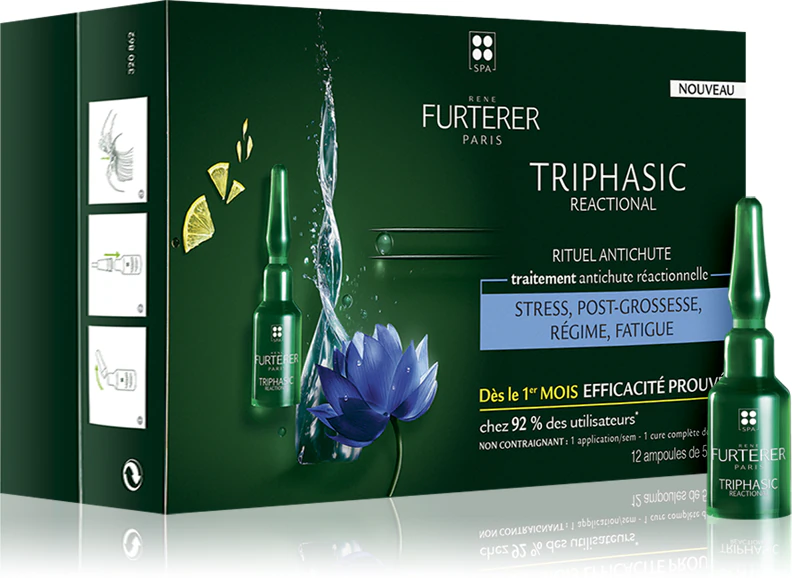 Tratamento abrangente trifásico reacional de René Furterer para queda de cabelo reativa.