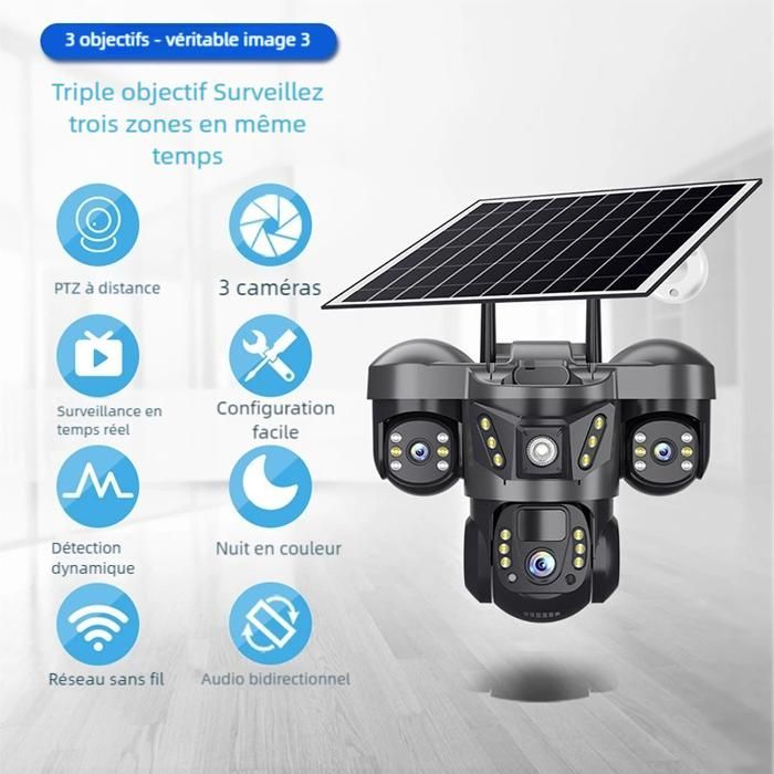 Caméra de surveillance sans fil - ANTCOOL - 3 objectifs - Vision nocturne - Énergie solaire - 1080P