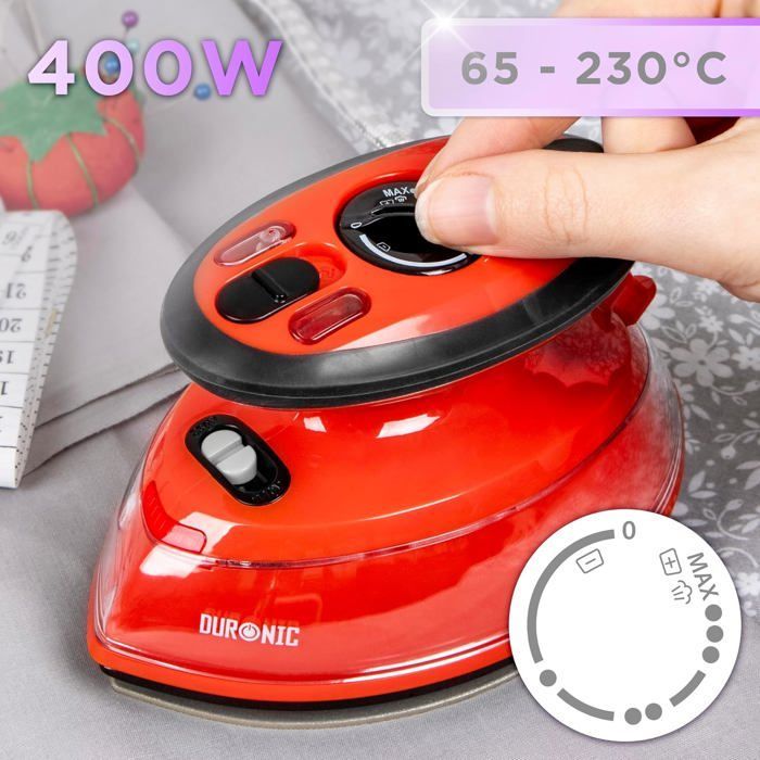 Duronic SI3 RD Fer à repasser à vapeur de voyage 400W Léger et compact 495g Idéal pour les déplacements Convient pour crafts et