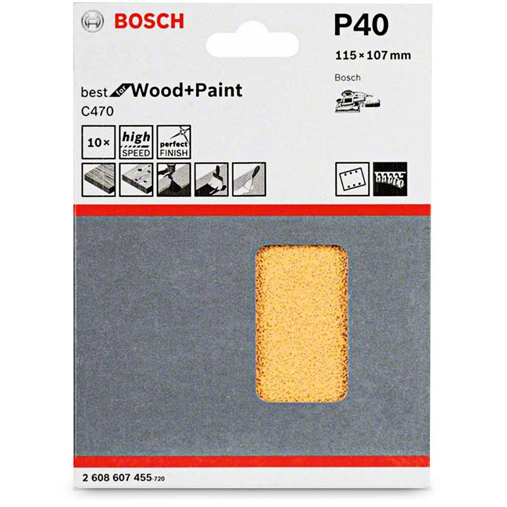 Lixa BOSCH 115 x 107 mm, grão 40, 6 furos, velcro, para madeira e tinta – 10 unidades