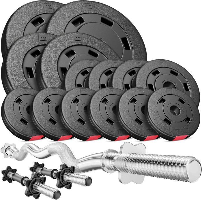 Hop-Sport käsipainosetti 56 kg, tanko 120 cm, lyhyet tangot 45 cm, levypainot 2x10 kg, 2x5 kg, 4x2,5 kg, 6x1,25 kg