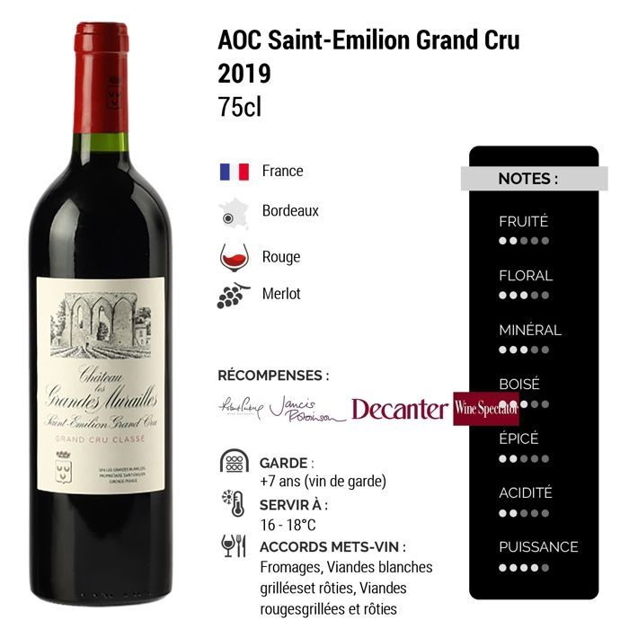 Château Les Grandes Murailles Saint-Emilion Grand Cru 2019 - Vino rosso bordolese (3x75cl)