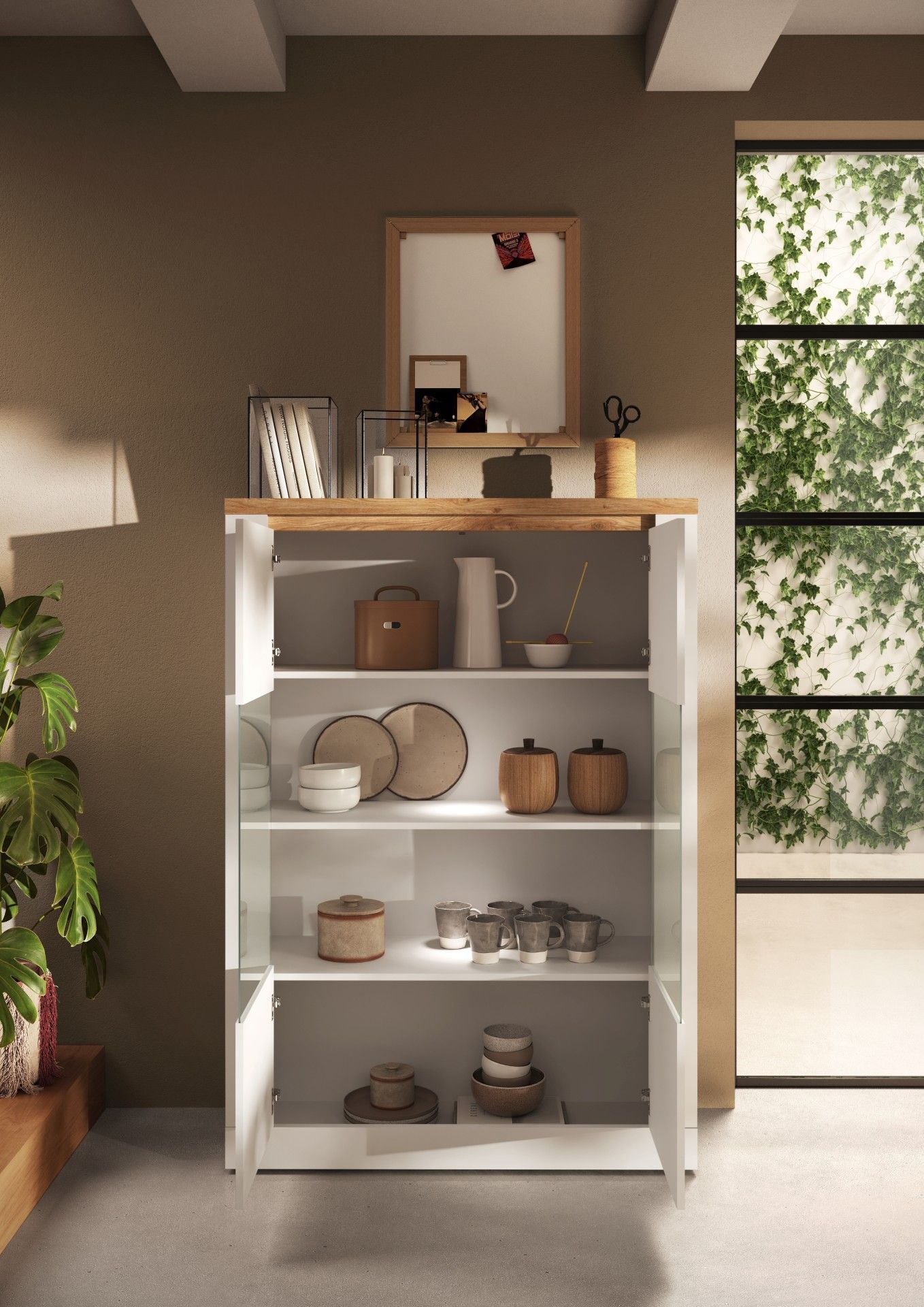Vitrine - IMOLA - Blanc laqué / Plateau chêne cadiz - 2 Portes - Fabrication Italienne - 114 x 43 x 160 cm