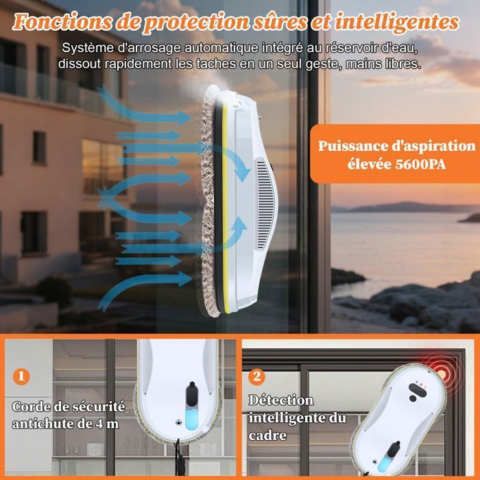 Robot limpiacristales eléctrico de 5600 Pa - Depósito de agua de 40 ml - Limpieza automática con 3 modos, mando a distancia y 10 paños de limpieza