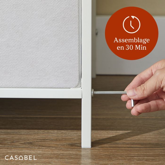 CASABEL Commode haute 5 tiroirs en tissu rigide, métal blanc et bois 45x30x94 cm, idéale pour chambre, salon ou entrée