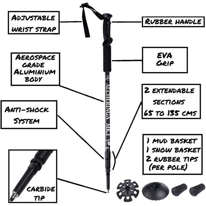 Walking Stick - Black - Adjustable Aluminum 65-135CM - Hiking, Mountaineering, Travel, Outdoor Sports