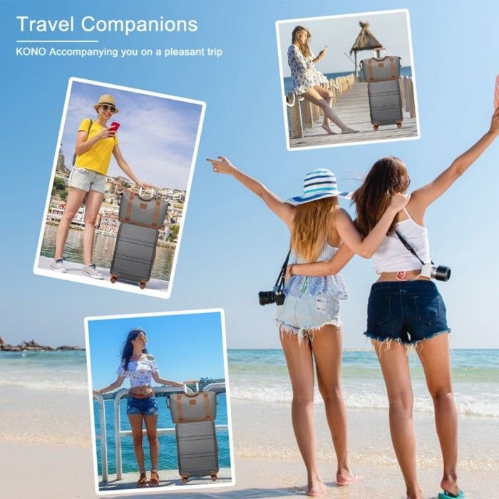 Juego de 4 maletas de viaje Kono de carcasa rígida ABS + PC, equipaje de cabina con neceser portátil + bolsa de viaje plegable para deportes, color gris.