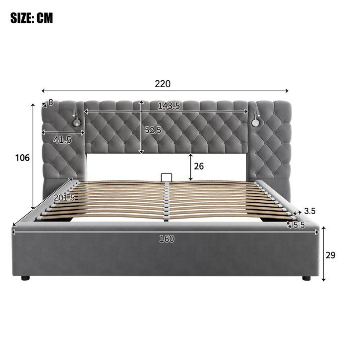 Cama doble tapizada de 160 x 200 cm con iluminación LED y espacio de almacenamiento. Cama con cabecero tapizado y luz de lectura. Terciopelo gris.
