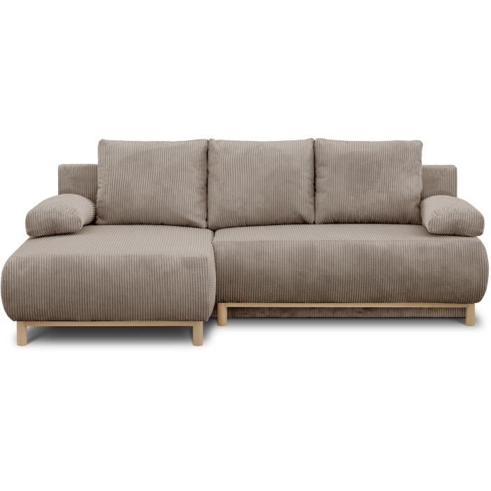 Sofá cama esquinero izquierdo - 3 plazas - MIKA - Tejido de pana color topo - Compartimento de almacenamiento - 192 x 84 x 93 cm