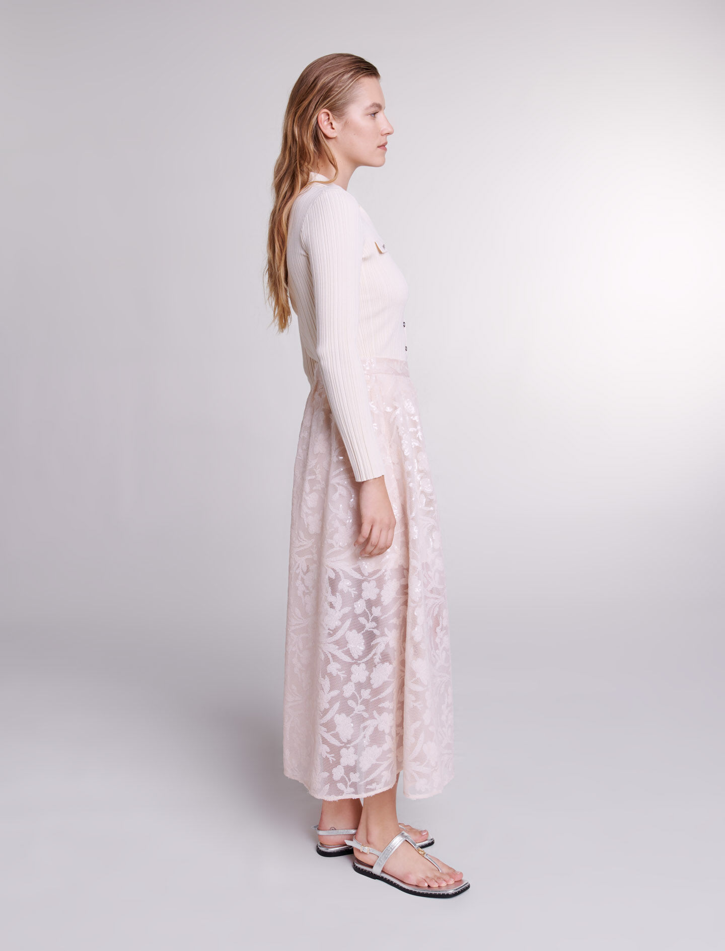 Lange paillettenrok - Beige
