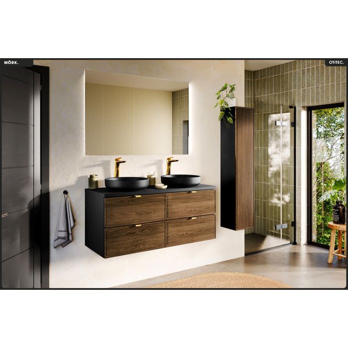 Conjunto de toucador OTITEC - 120 cm - 2 lavatórios - Armário alto incluído - Carvalho Casella - Preto mate - Madeira/MDF