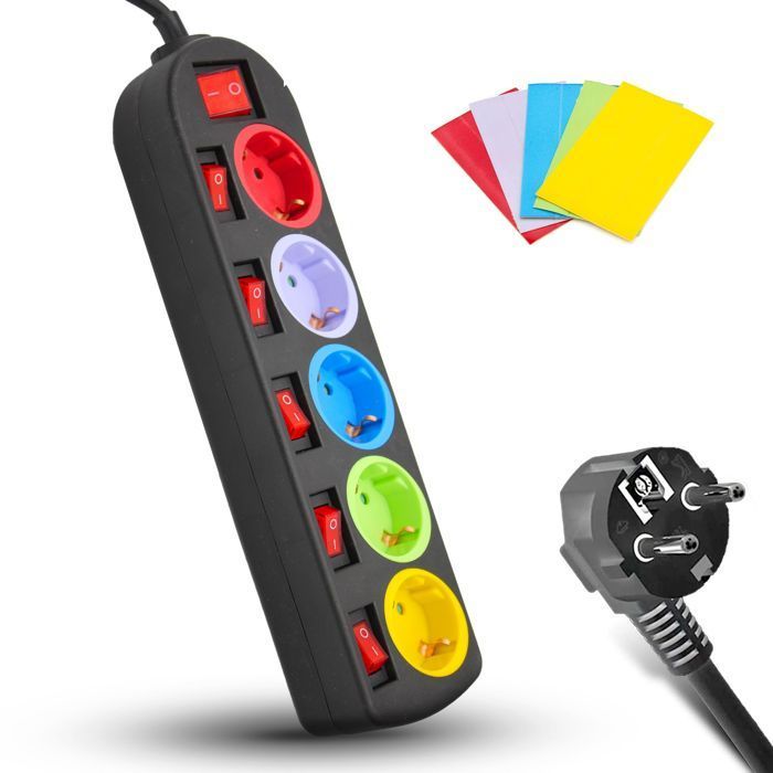 Régua de tomadas FISHTEC Schuko com 5 saídas + 2 portas USB, tomadas com código de cores e interruptores individuais, 3680W, cabo de 180cm.