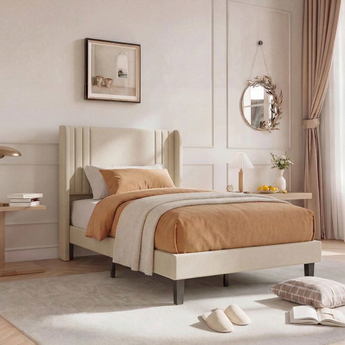 PERGAR Bed Frame - 90 x 200 cm - Single Bed with Slatted Base - Upholstered Headboard - Beige Linen - For Children, Teenagers, and Adults