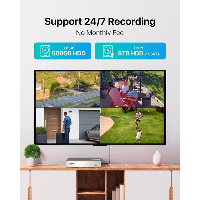 ZOSI 1080P 8CH DVR 500GB Wired Surveillance System + 8 Indoor/Outdoor Cameras with Smart Motion Detection, 24m IR