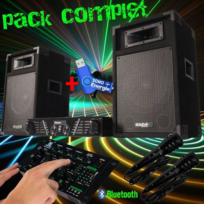 Ibiza DJ300 480W complete karaoke sound system package + Bluetooth mixer + 2 speakers + 2 microphones + 32GB USB flash drive