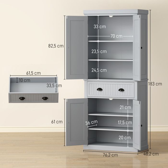 Armoire de cuisine - HOMCOM - multi-rangements étagères réglables 4 portes et grand tiroir - 76,2 x 40,2 x 183 cm - gris