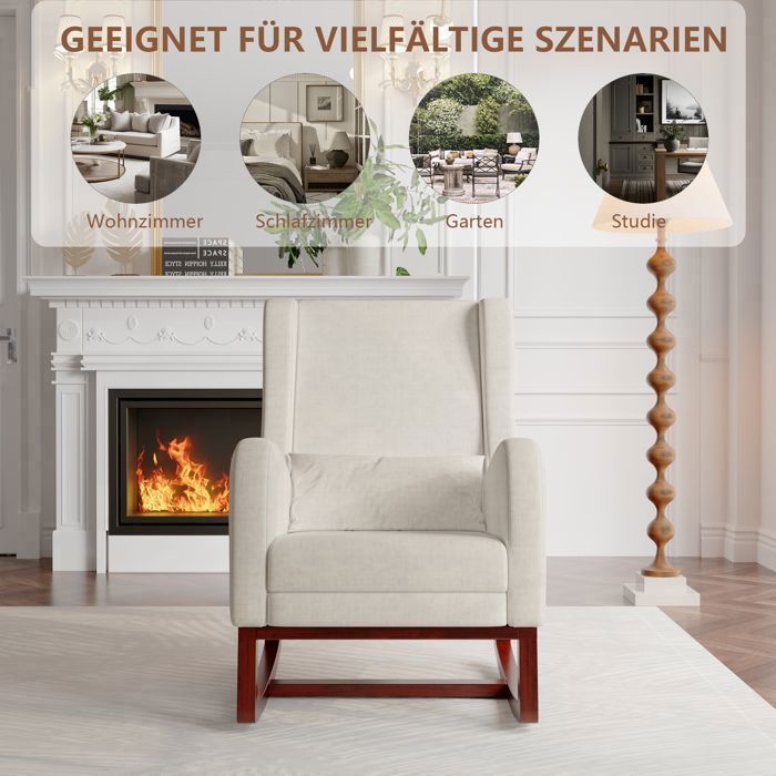 Fauteuil à bascule - Repose-pieds réglable - Rocking Chair - Fauteuil d'allaitement - avec 2 poches - Pieds en Bois Massif - Beige
