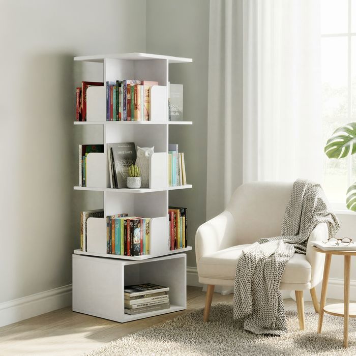 Mensola girevole a 360°, mobile contenitore a 4 ripiani, libreria aperta per soggiorno, camera da letto, ufficio, bianca