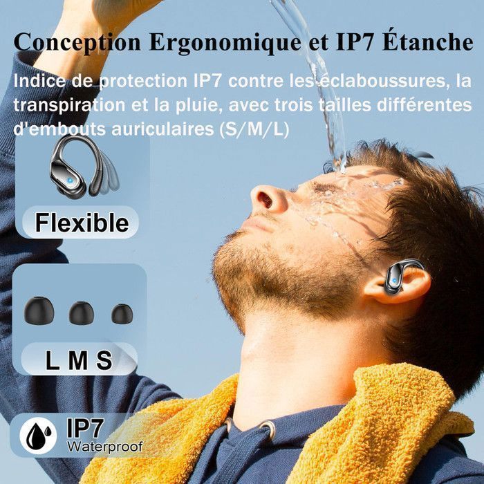 Ecouteur Bluetooth Sport- IPX7 Étanche - 75H Autonomie - Bluetooth 5.4 ANC - Son HD & Charge Rapide