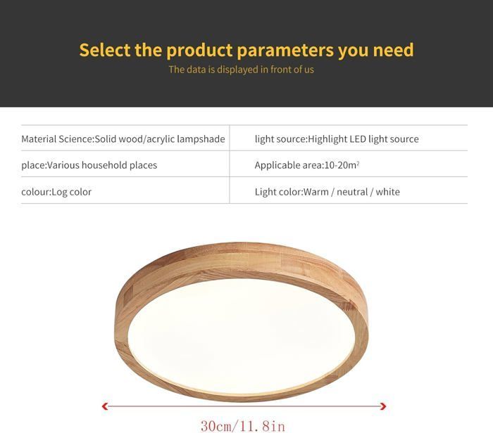 Lámpara de techo LED de madera SNOGOLD de 20 W, moderna lámpara de techo redonda de madera de Ø30 cm, para salón, cocina y pasillo - Blanco frío 6000 K