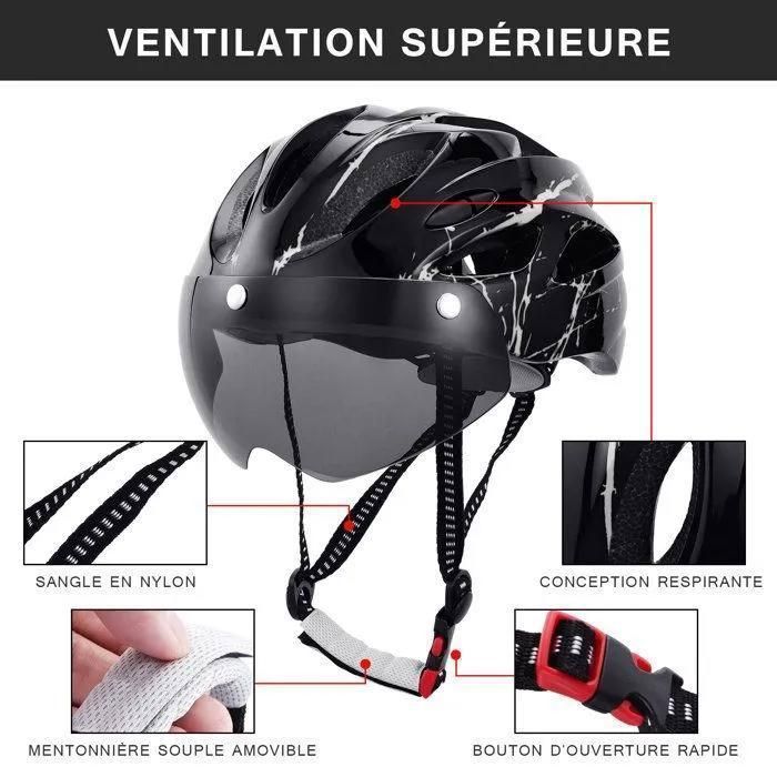 Capacete de ciclismo unissex para adultos, com viseira, ideal para bicicletas de montanha e patinetes elétricos, com circunferência da cabeça de 52 a 62 cm, nas cores preto e branco.