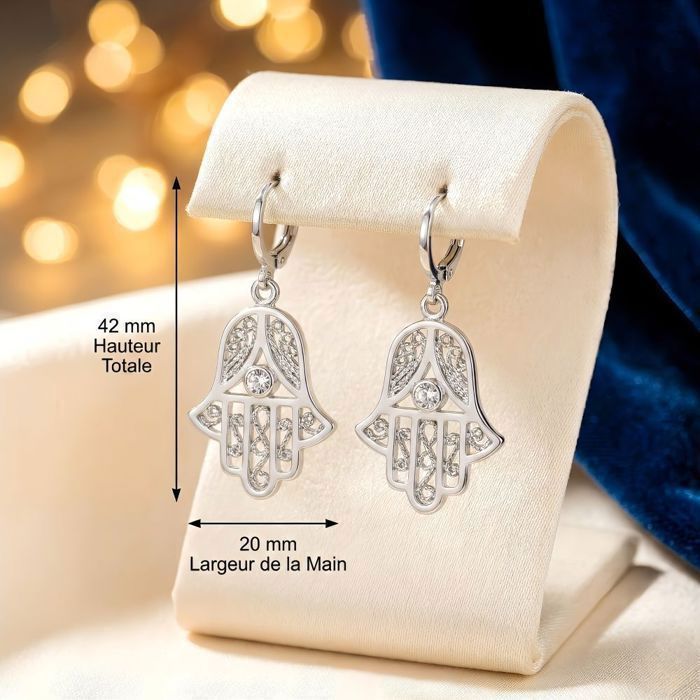 Orecchini pendenti - Mano di Fatima - Argento sterling 925 - Placcati in rodio - Donna - 42 mm