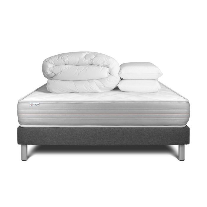 Juego de cama completo de 180x200 cm - Colchón + Base de cama gris (requiere montaje) + 2 almohadas + Edredón - Vitalmemo Gris