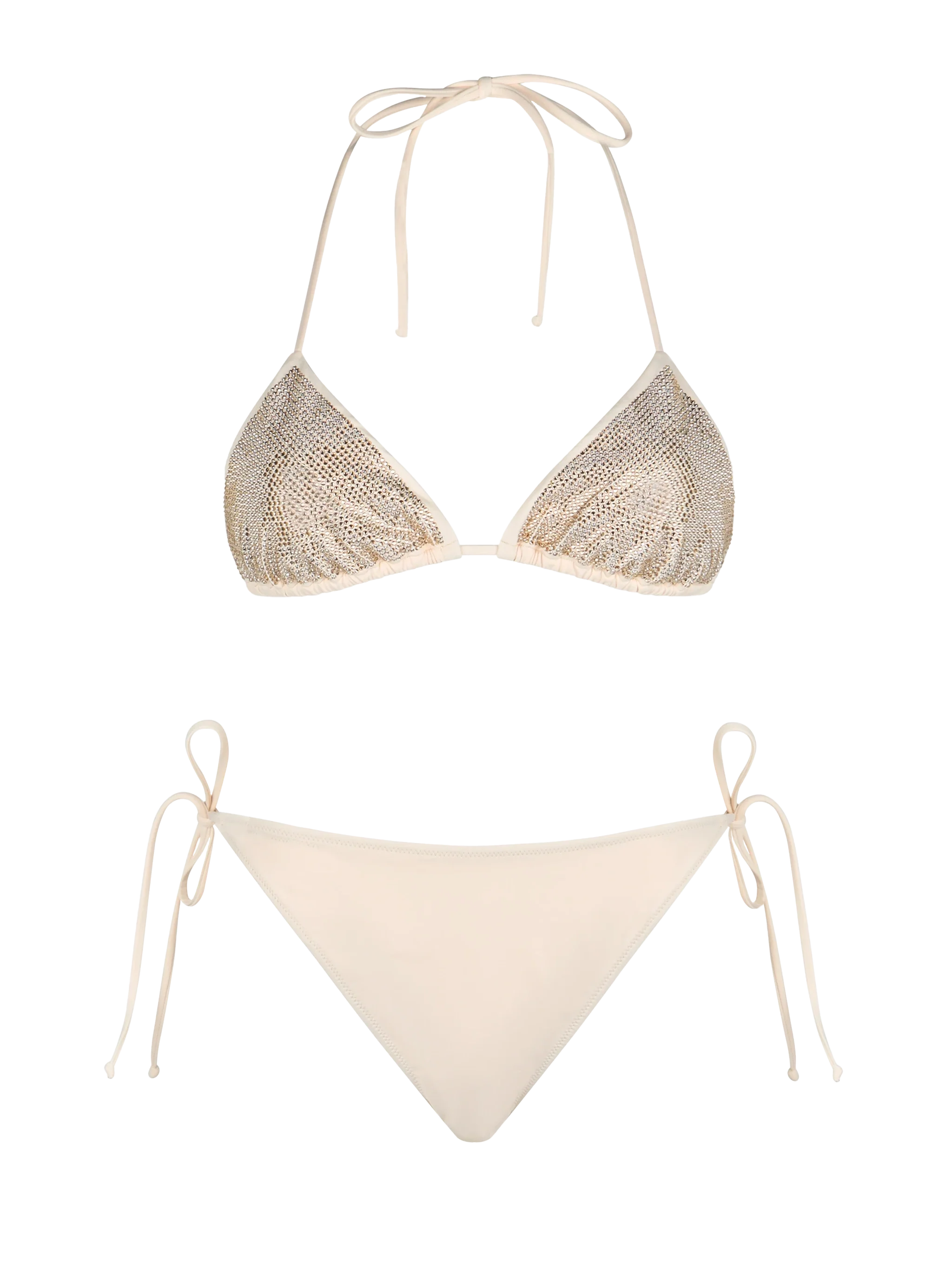 Beige damesbikini met driehoekige cups en strasssteentjes