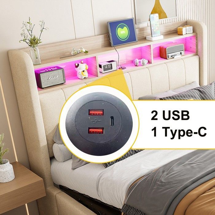 Cama hidráulica con almacenamiento de 180x200 cm. Cama para adultos. Cama doble tapizada en lino con iluminación LED, puerto USB y espacio de almacenamiento - beige.