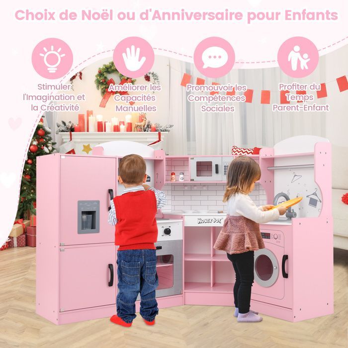 Cocina infantil de madera XXL de COSTWAY - 15 accesorios, efectos de luz y sonido, regalo de lujo rosa para fiestas