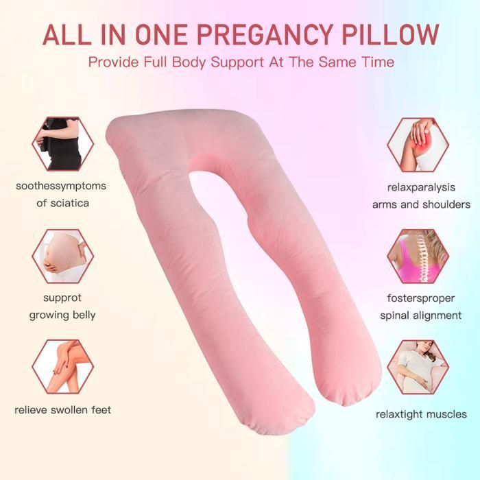 Coussin de Grossesse - Oreiller pour Femme Enceinte en Forme de U pour Dormir - Rose - Velours