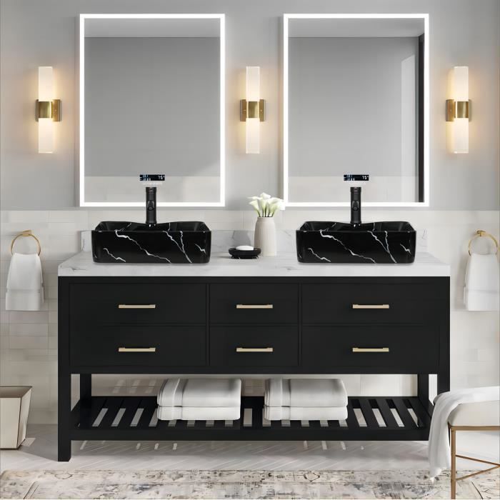 Lavabo cuadrado de encimera PULUOMIS - Negro - Grifo para lavabo y lavamanos - 38x48 cm