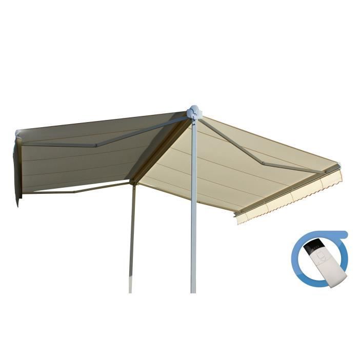 Store double pente motorisé 4x3x2 m - Toile beige et structure blanche satinée - GARDEN OMBRAZUR