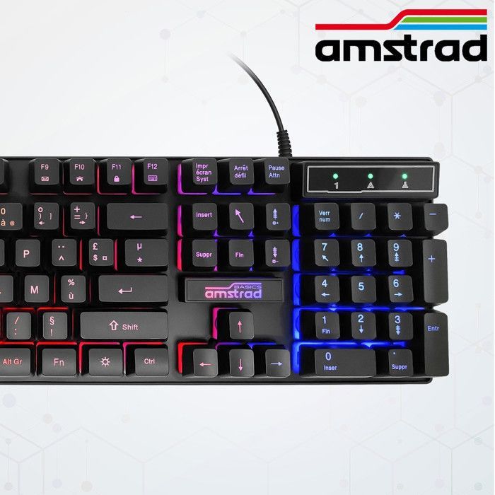 Clavier Gamer Amstrad AMS KEY008 USB, Rétro-éclairage RGB, 12 raccourcis multimédia, 104 touches, AZERTY