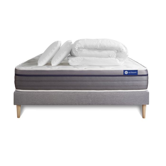 Complete 200x200 cm bed set - Mattress + Grey bed base (assembly required) + 2 pillows + Duvet - Actilatex Ze