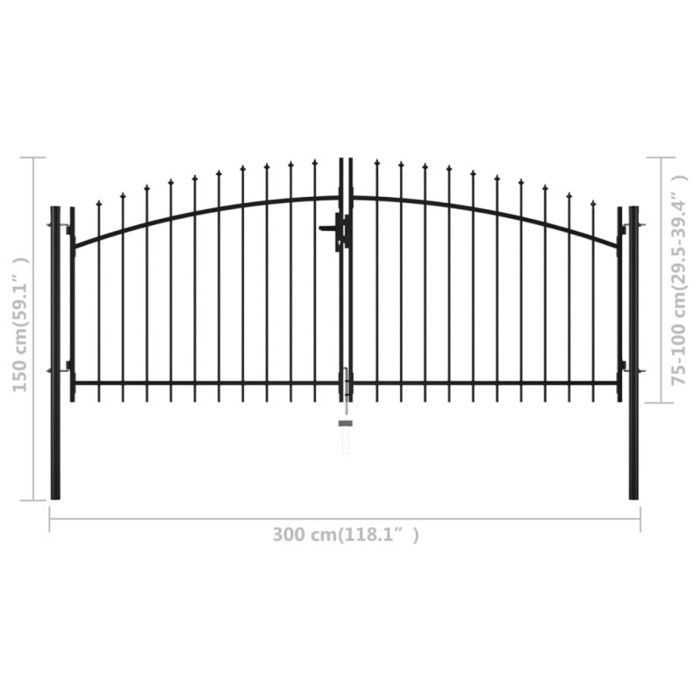 Puerta doble - VIDAXL - 300 x 150 cm - Acero negro - Diseño alto en forma de lanza - 3 llaves incluidas