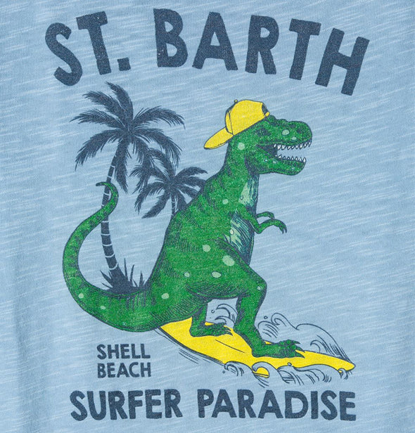 Camiseta infantil com estampa de dinossauro surfista