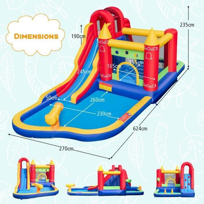 COSTWAY 9-in-1 Inflatable Castle for Children, with 680W Blower, 50 Colourful Balls, Water Slide, 624 x 270 x 235 cm