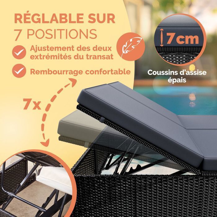 Tumbona doble CASARIA, negro/antracita, extremos ajustables, silla de exterior de ratán sintético para 2 personas.