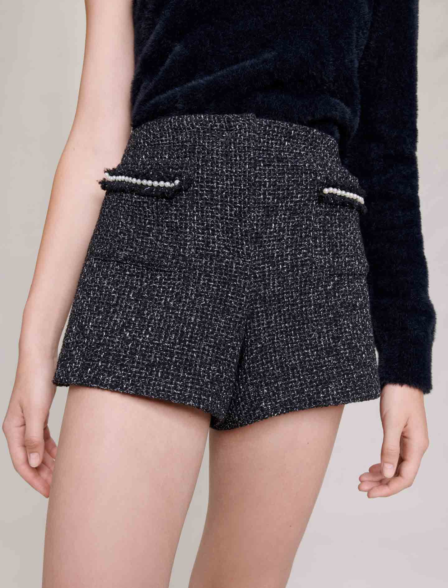 Pantaloni din tweed cu paiete - Negru/Argintiu