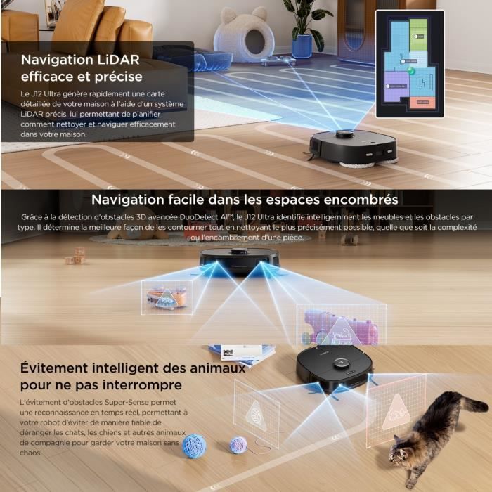 EUREKA J12 Ultra - Robot aspirapolvere e lavapavimenti con stazione di svuotamento automatica - Spazzola rotante - Doppia navigazione LiDAR