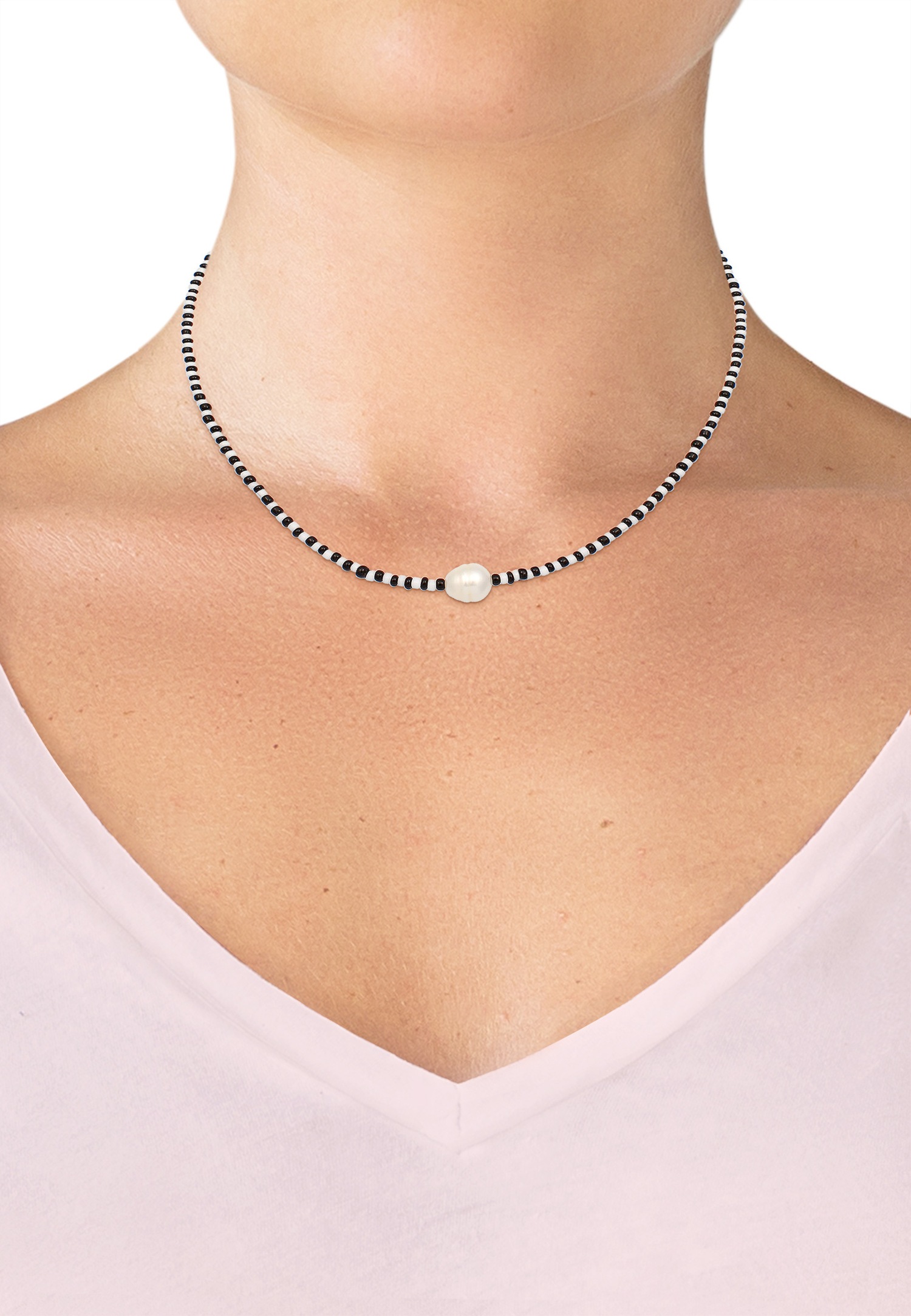 Elli Base Boules de Verre Noir Blanc Perles de Culture d'Eau Douce Femme (925/1000) Argent