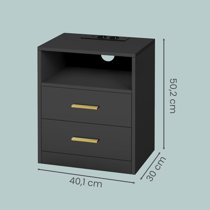 Lot de 2 Tables d’Appoint Modernes avec Tiroirs, Lumières LED, Multiprises et Ports USB, pour Chambre, Noir