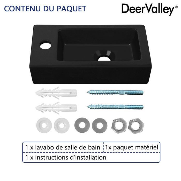 Lavabo rectangular pequeño de cerámica negra mate para espacios reducidos (lado izquierdo), DV-1V0091L - DeerValley