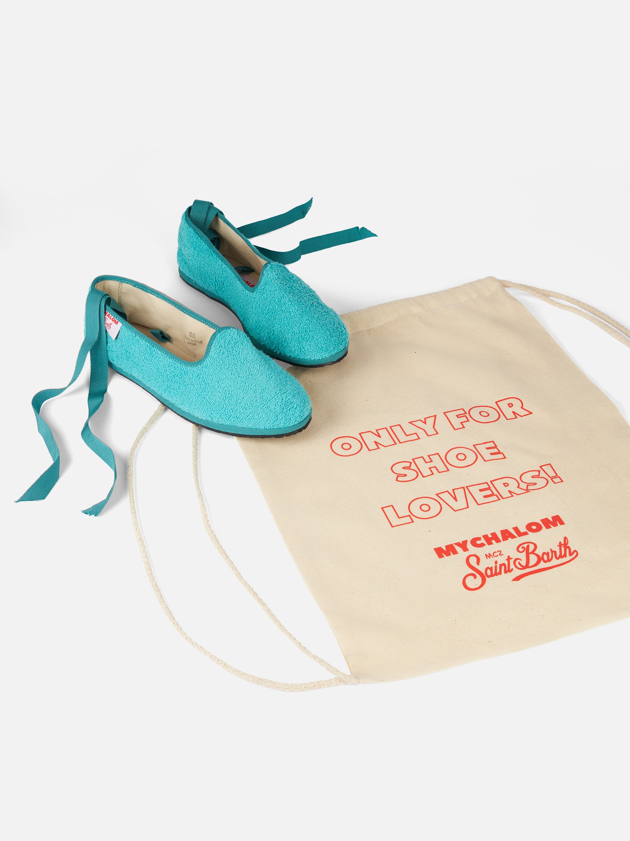 Dames pantoffels/mokassins van aquamarijnkleurige badstof | MIJN CHALOM SPECIAL