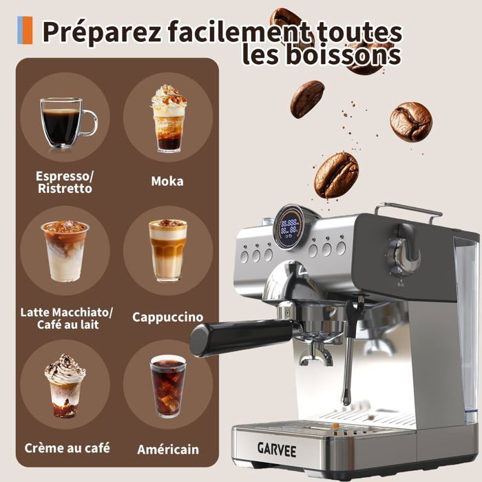 Cafetera espresso semiautomática de 20 bares con molinillo integrado – Acero inoxidable – Boquilla de vapor – Compacta y fácil de limpiar