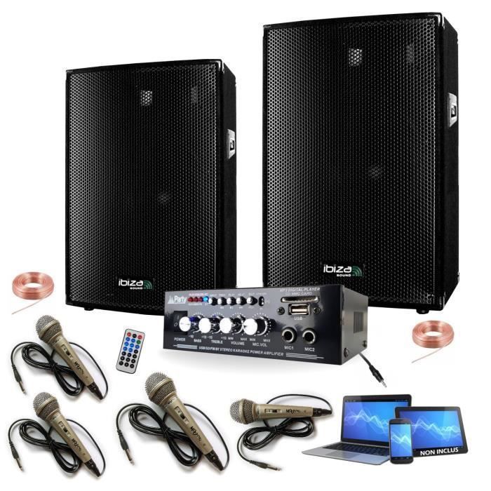 4 microfoni karaoke + amplificatore + 2 altoparlanti da 300 W, sistema audio PA DJ, mix, luci LED, per feste in famiglia, bar, club, casa, ballo